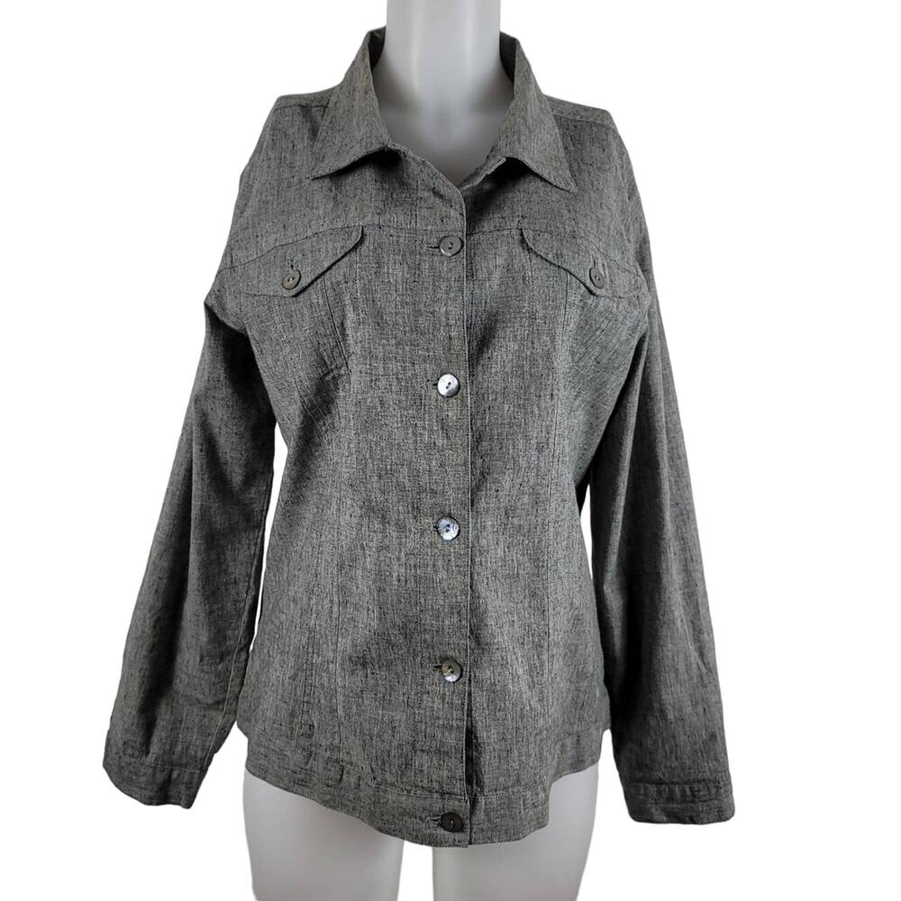 Chico's Design Linen Blend Heathered Grey Abalone Shell Buttons Shacket 3/L